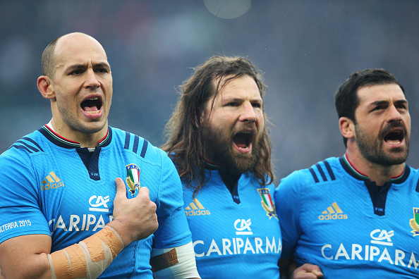 LONDON, ENGLAND - FEBRUARY 14: (L-R) Sergio Parisse, Martin Castrogiovanni and Andrea Masi of Italy sing the national anthem during the RBS Six Nations match between England and Italy at Twickenham Stadium on February 14, 2015 in London, England.