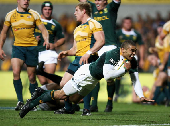 PERTH, AUSTRALIA - AUGUST 29: Brian Habana of the Springboks scores a try during the 2009 Tri Nations series match between the Australian Wallabies and the South African Springboks at Subiaco Oval on August 29, 2009 in Perth, Australia.