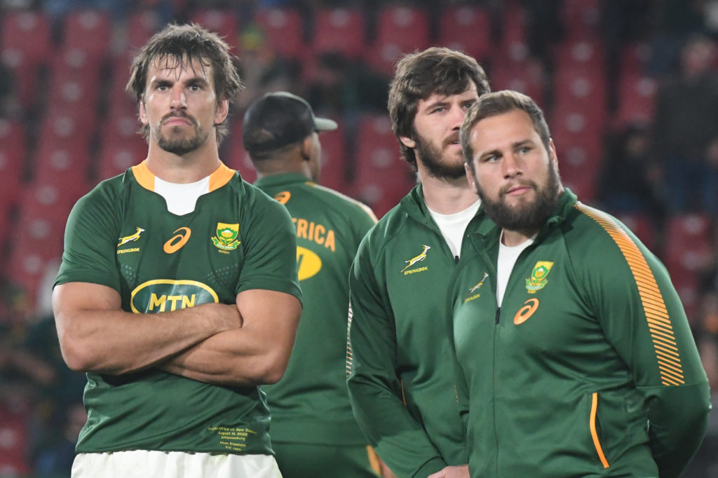 JOHANNESBURG, SOUTH AFRICA - AUGUST 13: South African players having just lost during The Rugby Championship match between South Africa and New Zealand at Emirates Airline Park on August 13, 2022 in Johannesburg, South Africa. Boks disappointed after loss against All Blacks