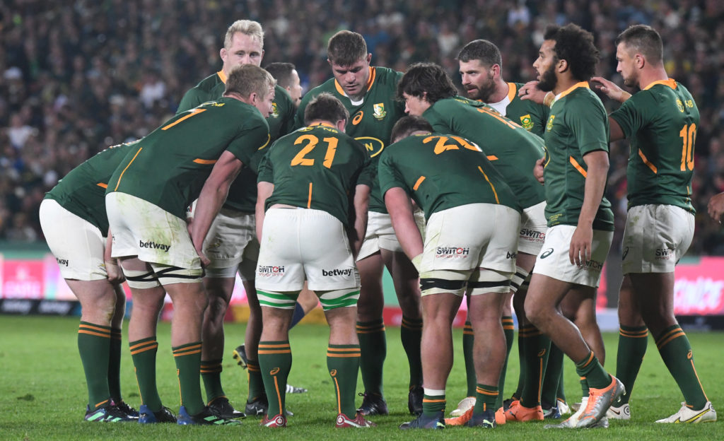 JOHANNESBURG, SOUTH AFRICA - AUGUST 13: South African players during The Rugby Championship match between South Africa and New Zealand at Emirates Airline Park on August 13, 2022 in Johannesburg, South Africa.