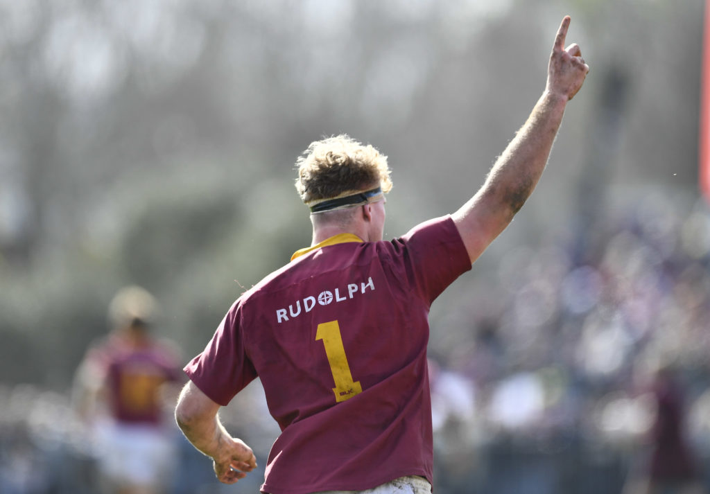 STELLENBOSCH, SOUTH AFRICA - AUGUST 20: Cameron Miell of Paul Roos celebrate after scoring a try during the Premier Interschools match between Paul Roos and Grey College at Paul Roos Gymnasium on August 20, 2022 in Stellenbosch, South Africa
