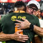 DURBAN, SOUTH AFRICA - SEPTEMBER 24: Jacques Nienaber, coach of South Africa hugs Siya Kolisi, captain of South Africa during The Rugby Championship match between South Africa and Argentina at Hollywoodbets Kings Park on September 24, 2022 in Durban, South Africa. (Photo by Darren Stewart/Gallo Images)