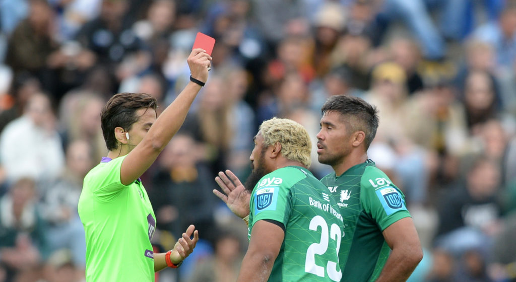Bundee Aki of Connacht is given a red card by referee Gianluca Gnecchi during the United Rugby Championship 2022/23 game between Stormers and Connacht at Danie Craven in Stellenbosch on 24 September 2022