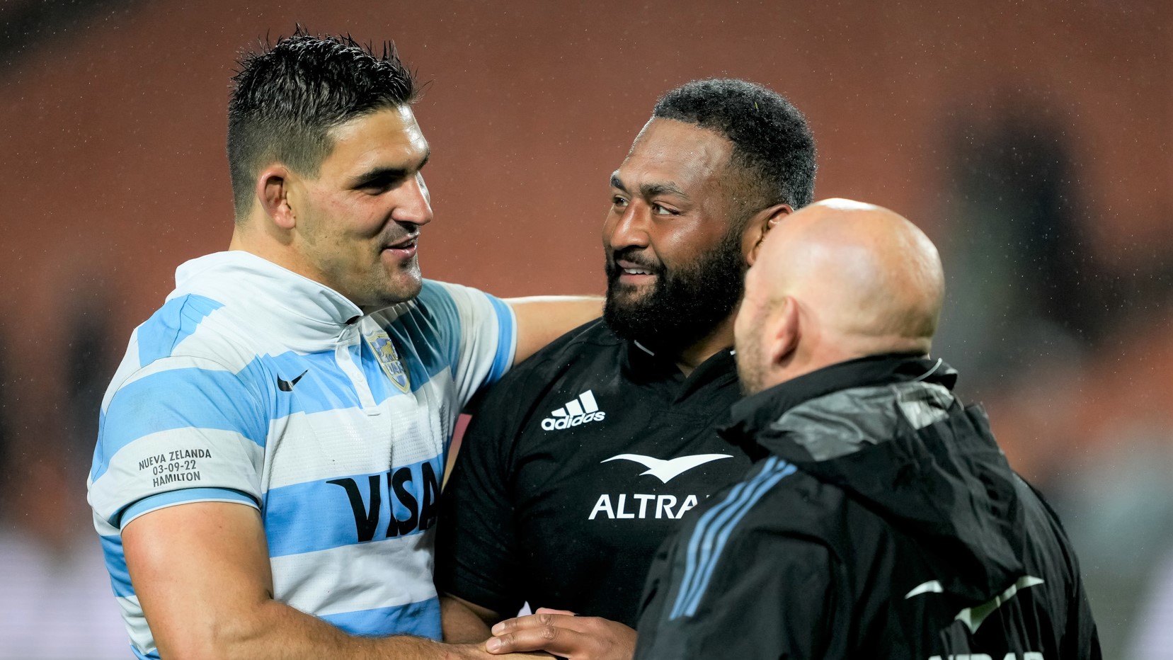 Argentina No 8 Pablo Matera chats with former Crusaders teammate George Bower
