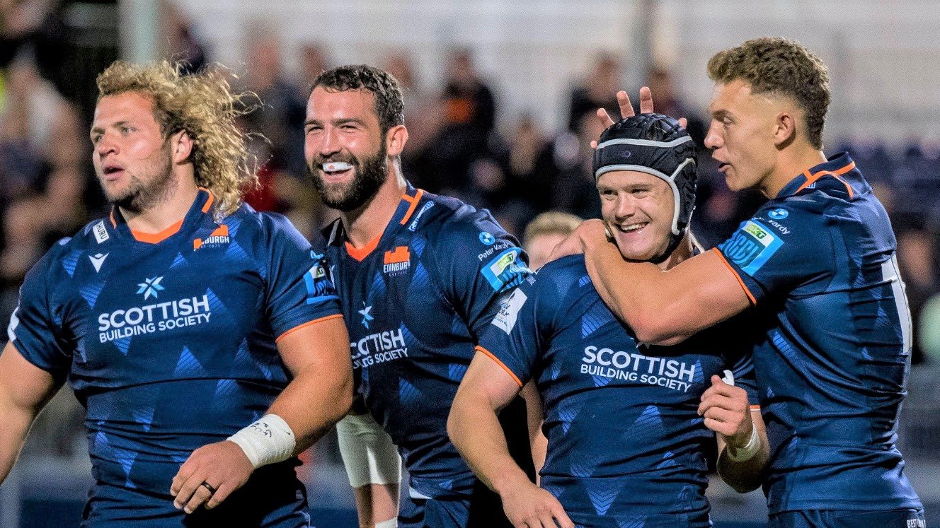 EDINBURGH, SCOTLAND - SEPTEMBER 17: Edinburgh's Darcy Graham celebrates after scoring a second half try during a BKT United Rugby Championship match between Edinburgh and Dragons at the DAM Health Stadium, on September 17, 2022, in Edinburgh, Scotland. (Photo by Simon Wootton/SNS Group via Getty Images)