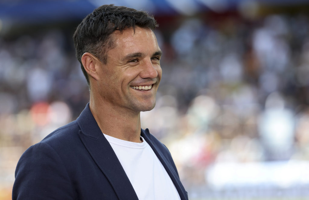 LENS, FRANCE - MAY 15: Dan Carter is interviewed by Channel 4 during the Heineken Champions Cup Semi Final match between Racing 92 and Stade Rochelais (La Rochelle) at Stade Bollaert-Delelis on May 15, 2022 in Lens, France.