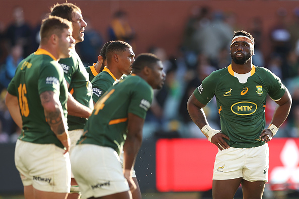 ADELAIDE, AUSTRALIA - AUGUST 27: Siya Kolisi of the Springboks looks dejected after a try during The Rugby Championship match between the Australian Wallabies and the South African Springboks at Adelaide Oval on August 27, 2022 in Adelaide, Australia.