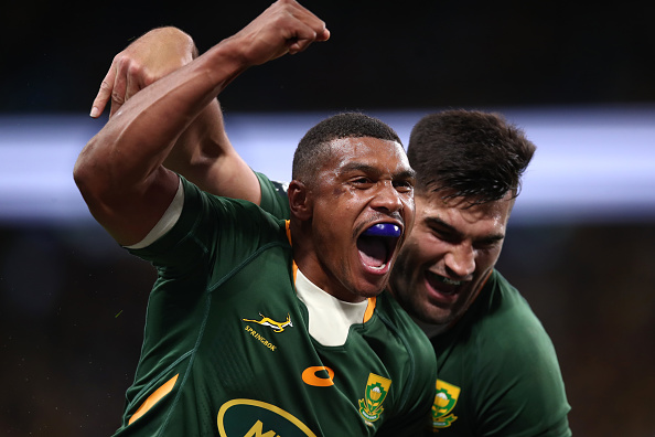 SYDNEY, AUSTRALIA - SEPTEMBER 03: Damian Willemse of the Springboks celebrates a try during The Rugby Championship match between the Australia Wallabies and South Africa Springboks at Allianz Stadium on September 03, 2022 in Sydney, Australia.