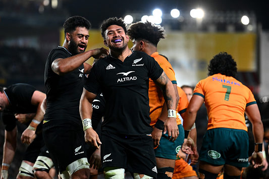 AUCKLAND, NEW ZEALAND - SEPTEMBER 24: Ardie Savea of the All Blacks celebrates the try scored by Codie Taylor of the All Blacks during The Rugby Championship and Bledisloe Cup match between the New Zealand All Blacks and the Australia Wallabies at Eden Park on September 24, 2022 in Auckland, New Zealand.