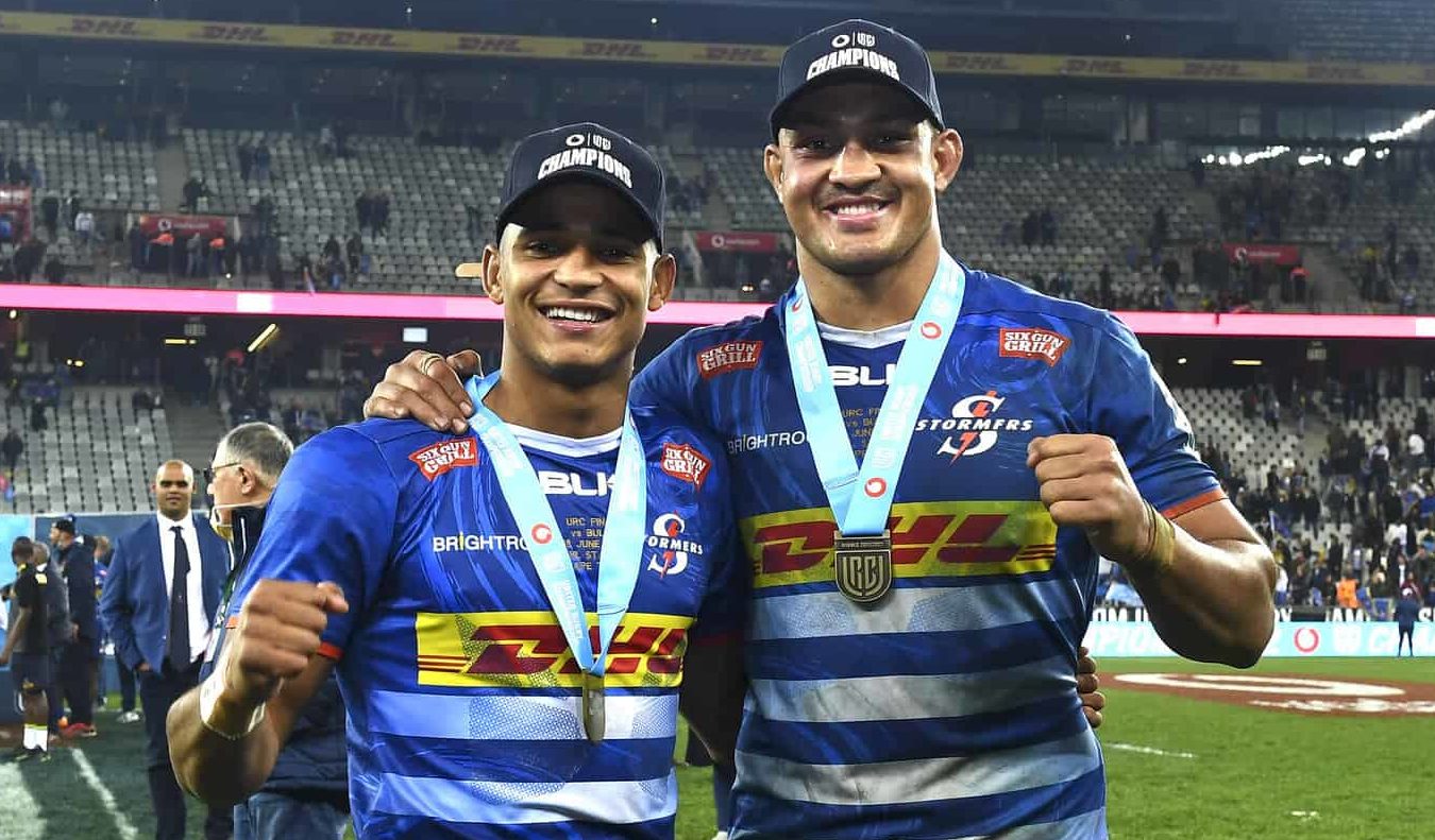 CAPE TOWN, SOUTH AFRICA - JUNE 18: Sacha Mngomezulu and Salmaan Moerat of the Stormers during the United Rugby Championship final match between DHL Stormers and Vodacom Bulls at DHL Stadium on June 18, 2022 in Cape Town, South Africa. (Photo by Ashley Vlotman/Gallo Images)