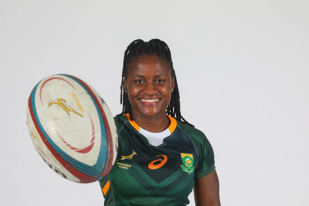 STELLENBOSCH, SOUTH AFRICA - AUGUST 19: Zintle Mpupha during the South Africa women's national rugby team headshots at Sports Science Institute on August 19, 2021 in Stellenbosch, South Africa.