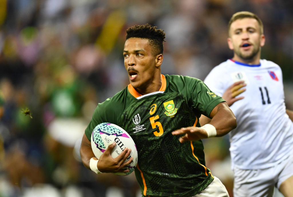 CAPE TOWN, SOUTH AFRICA - SEPTEMBER 09: Angelo Davids of South Africa during day 1 of the MenÕs Rugby World Cup Sevens 2022 Round of 16, Match 16 between South Africa and Chile at DHL Stadium on September 09, 2022 in Cape Town, South Africa
