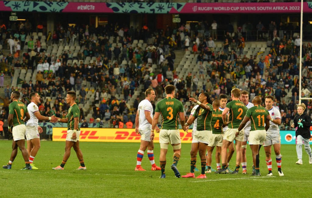 CAPE TOWN, SOUTH AFRICA - SEPTEMBER 09: Players during the Round of 16 match between South Africa and Chile on day 1 of the Rugby World Cup Sevens 2022 at DHL Stadium on September 09, 2022 in Cape Town, South Africa.