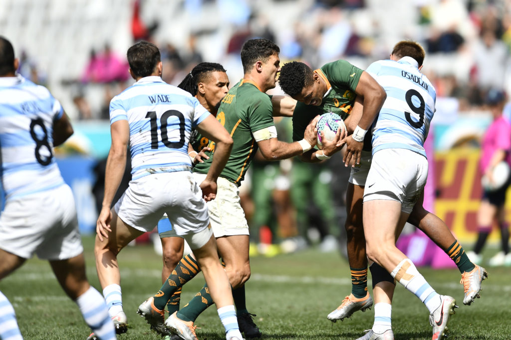 CAPE TOWN, SOUTH AFRICA - SEPTEMBER 11: Angelo Davids of South Africa during day 3 of the Rugby World Cup Sevens Championship Cup5/8 match 37 between South Africa and Argentina at DHL Stadium on September 11, 2022 in Cape Town, South Africa.