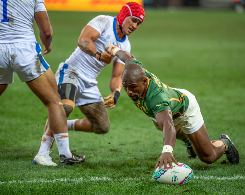 CAPE TOWN, SOUTH AFRICA - SEPTEMBER 11: Siviwe Soyizwapi of South Africa in action during day 3 of the Rugby World Cup Sevens 2022 at DHL Stadium on September 11, 2022 in Cape Town, South Africa.