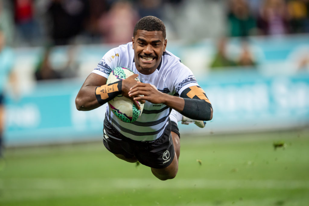 CAPE TOWN, SOUTH AFRICA - SEPTEMBER 11: Pilipo Bukayaro of Fiji scoring the winning try in the final versus New Zealand during day 3 of the Rugby World Cup Sevens 2022 at DHL Stadium on September 11, 2022 in Cape Town, South Africa.