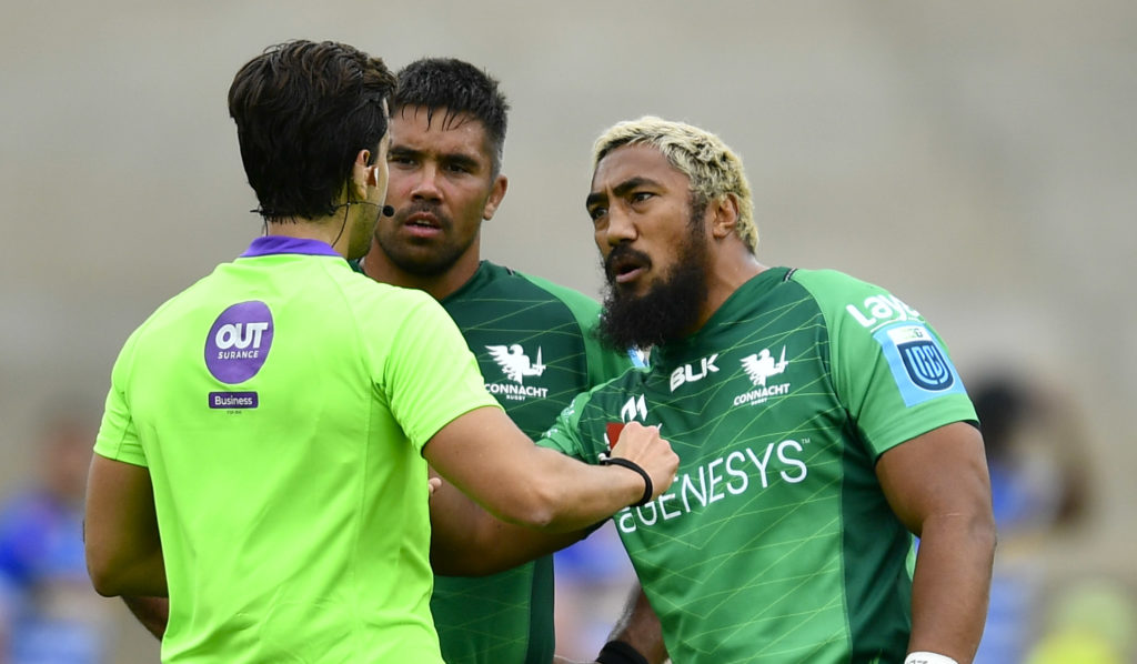 STELLENBOSCH, SOUTH AFRICA - SEPTEMBER 24: Bundee Aki of Connacht receives a red card form Referee, Gianluca Gnecchi of Italy during the United Rugby Championship match between DHL Stormers and Connacht at Danie Craven Stadium on September 24, 2022 in Stellenbosch, South Africa.