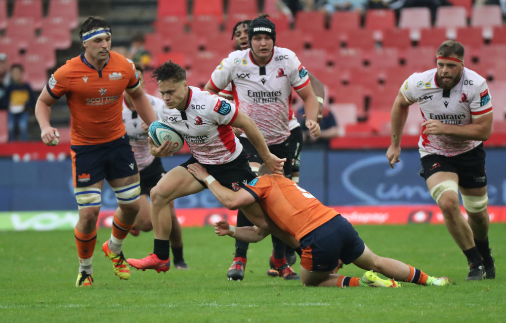 Quan Horn of the Lions tackled by Ben Vellacott of Edinburgh during the 2021/22 Vodacom United Rugby Championship between the Lions and Edinburgh at Ellis Park, Johannesburg on 02 April 2022