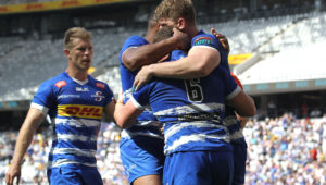 Deon Fourie of Stormers is congratulated for scoring a try during the United Rugby Championship 2022/23 match between Stormers and Edinburgh held at Cape Town Stadium in Cape Town, South Africa on 1 October 2022