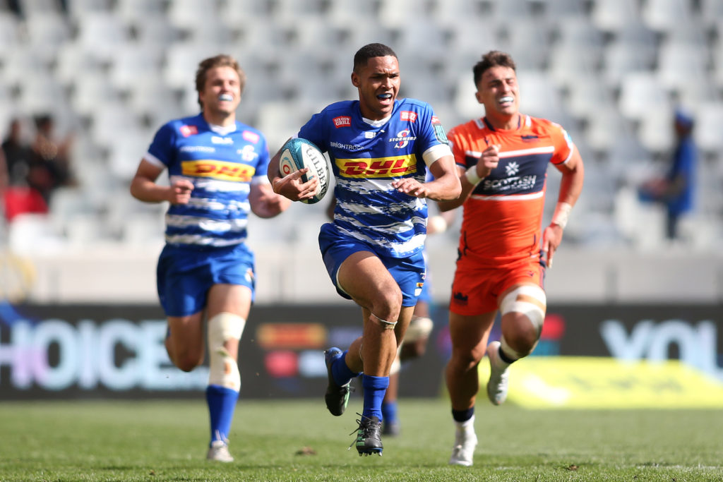 Suleiman Hartzenberg of Stormers on the attack during the United Rugby Championship 2022/23 match between Stormers and Edinburgh held at Cape Town Stadium in Cape Town, South Africa on 1 October 2022