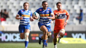 Suleiman Hartzenberg of Stormers on the attack during the United Rugby Championship 2022/23 match between Stormers and Edinburgh held at Cape Town Stadium in Cape Town, South Africa on 1 October 2022
