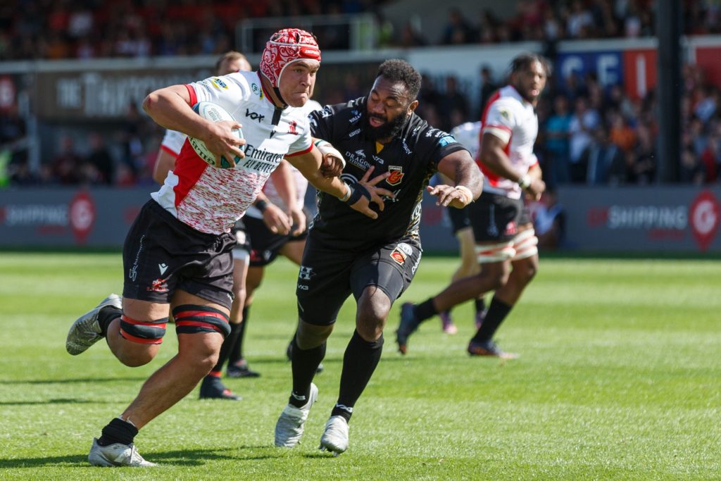 (12949815z) Ruan Venter of Emirates Lions on the way to scoring a try. Dragons v Emirates Lions - United Rugby Championship - 21 May 2022