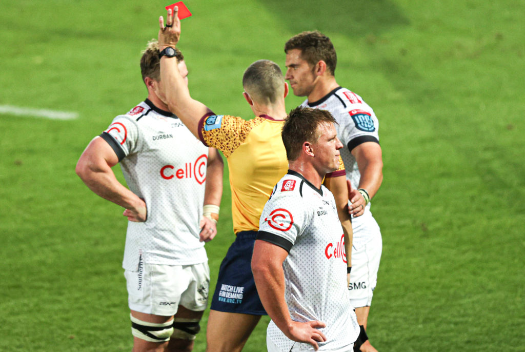 (13449028ar) Leinster vs Cell C Sharks . Referee Craig Evans shows Rohan Janse van Rensburg of Cell C Sharks a red card BKT United Rugby Championship, RDS, Dublin - 08 Oct 2022