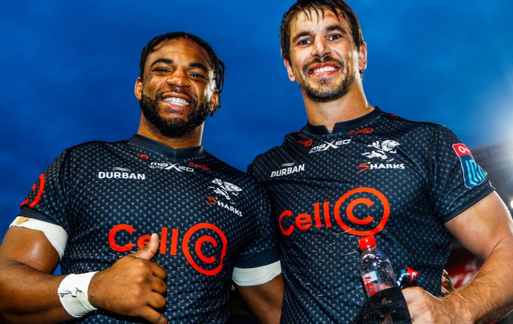 DURBAN, SOUTH AFRICA - OCTOBER 15:Vincent Tshituka of the Cell C Sharks with Eben Etzebeth of the Cell C Sharks during the United Rugby Championship match between Cell C Sharks and Glasgow Warriors at Hollywoodbets Kings Park on October 15, 2022 in Durban, South Africa. (Photo by Steve Haag/Gallo Images)