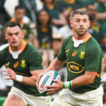 Willie le Roux of South Africa has the support of Jesse Kriel of South Africa (left)during the 2022 Castle Lager Rugby Championship match between South Africa and Argentina held at Kings Park in Durban on 24 September 2022 ©Gerhard Duraan/BackpagePix