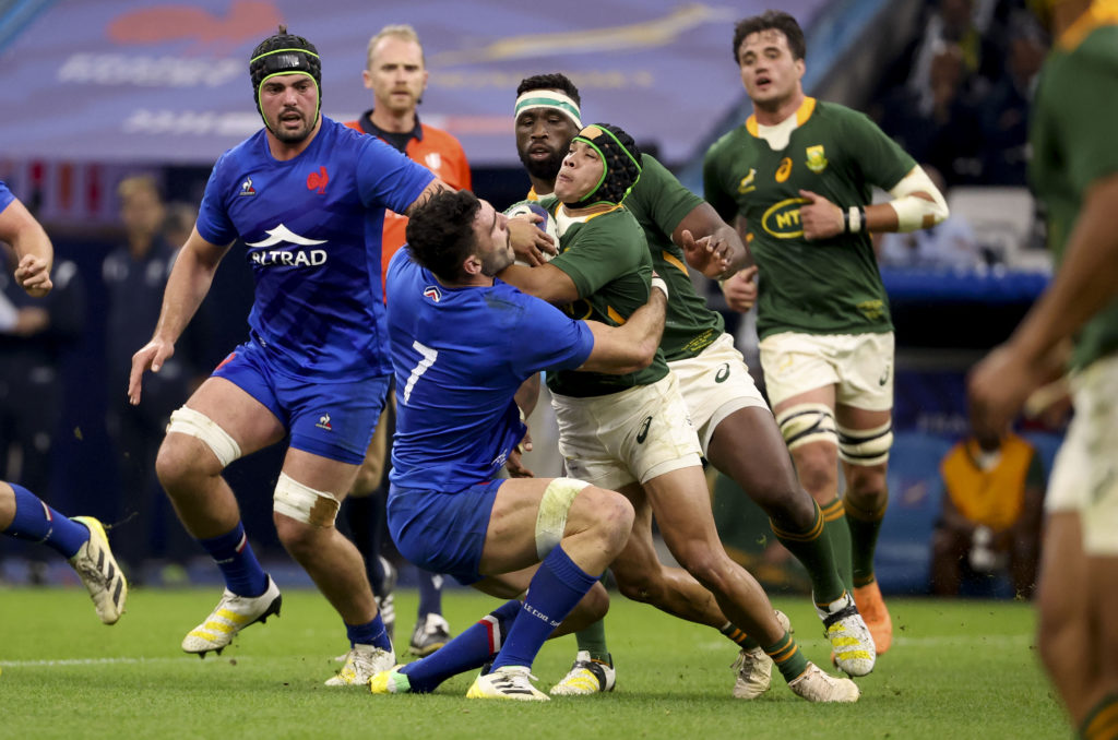 Charles Ollivon of France takes on Cheslin Kolbe