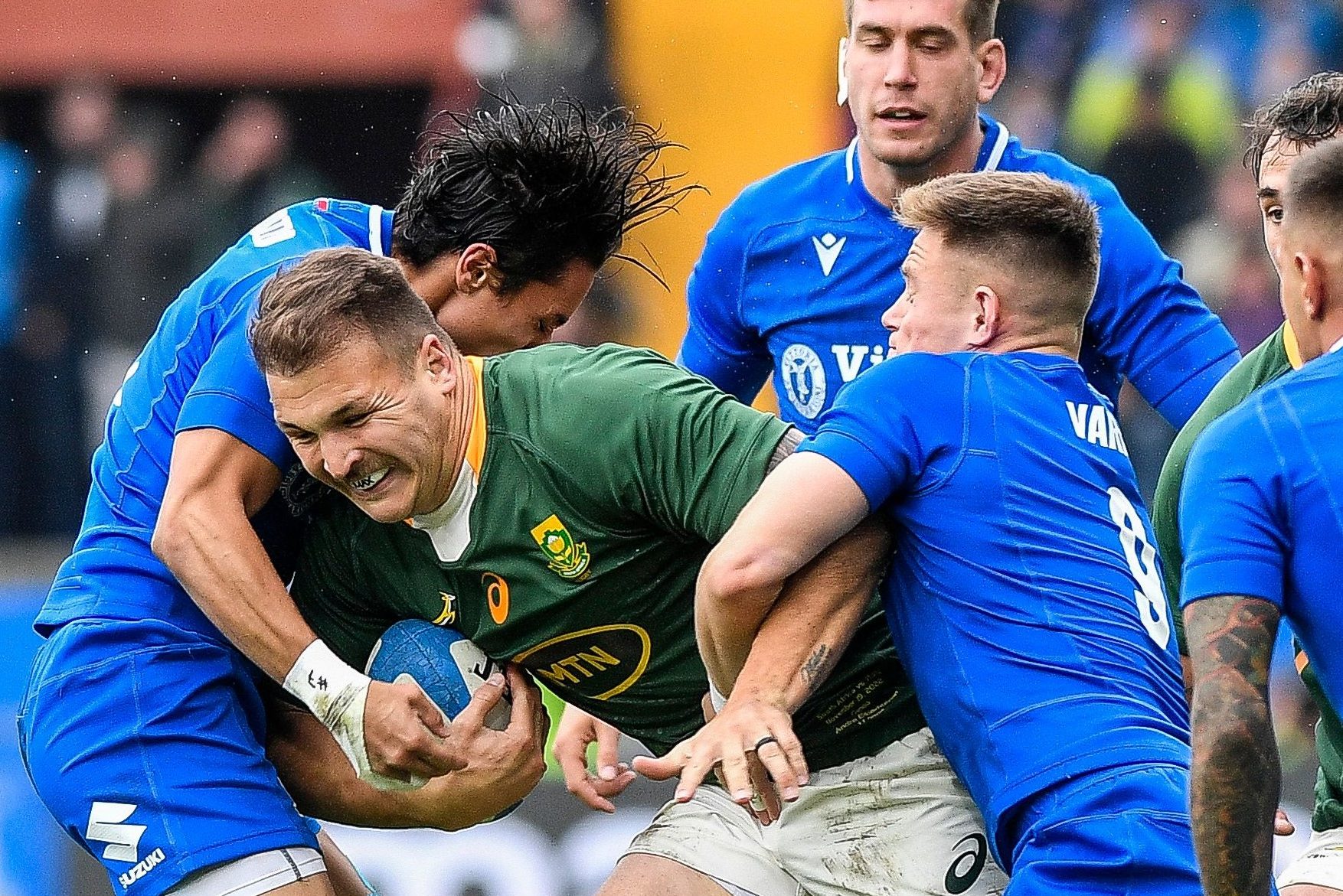 Mandatory Credit: Photo by Luca Sighinolfi/INPHO/Shutterstock/BackpagePix (13630213o) Italy vs South Africa. South Africa's Andre Esterhuizen tackled by Ange Capuozzo and Stephen Varney of Italy 2022 Autumn Nations Series, Stadio Luigi Ferraris, Genoa - 19 Nov 2022