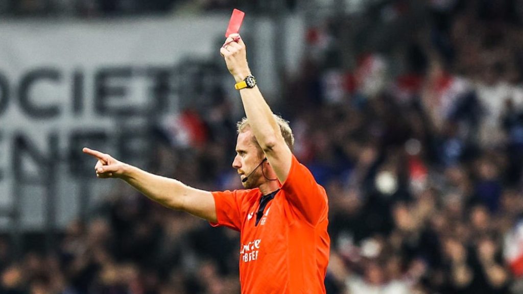 Wayne BARNES, referee give a red card during the Autumn International match between France and South Africa at Orange Velodrome on November 12, 2022 in Marseille, France. (Photo by Johnny Fidelin/Icon Sport via Getty Images)