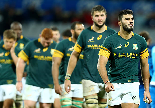 The delusion of Damian de Allende (S) and the teammates at the end of the match during the international match between Italy v South Africa at Stadio Olimpico on November 19, 2016 in Rome, Italy.