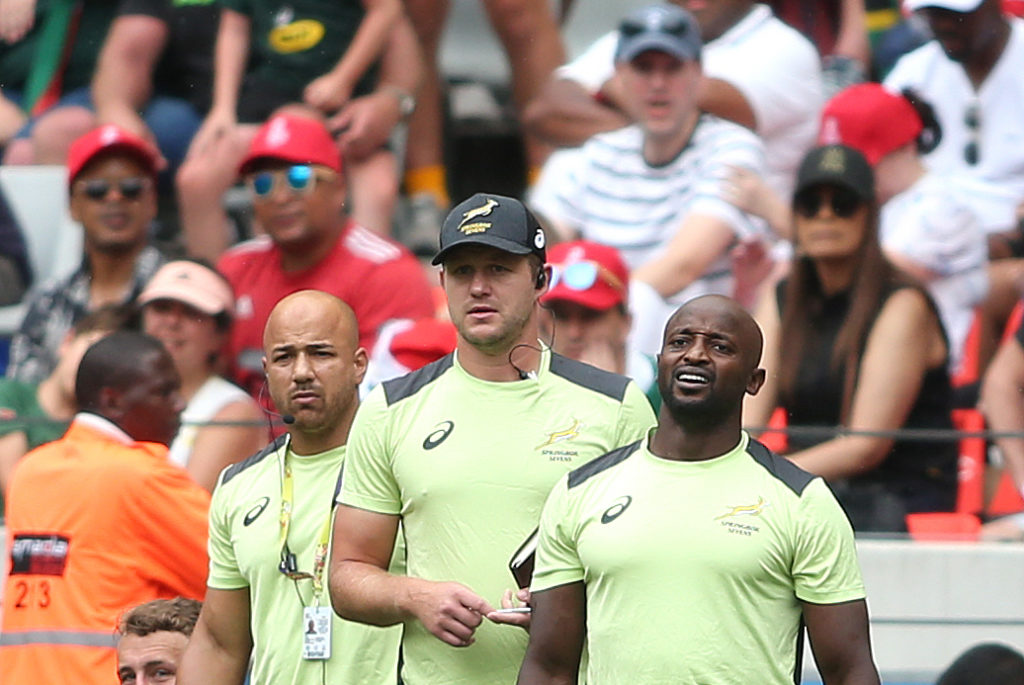South Africa coach Sandile Ngcobo and South Africa assistant coach Philip Snyman during Day 3 of the 2022 HSBC Cape Town Sevens held at Cape Town Stadium in Cape Town on 11 November 2022