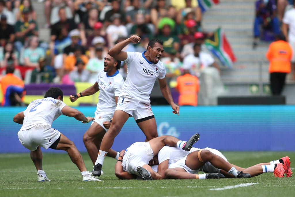 Vaovasa Afa Sua of Samoa celebrates as Samoa beat South Africa in extra time to reach the Final during Day 3 of the 2022 HSBC Cape Town Sevens held at Cape Town Stadium in Cape Town on 11 November 2022