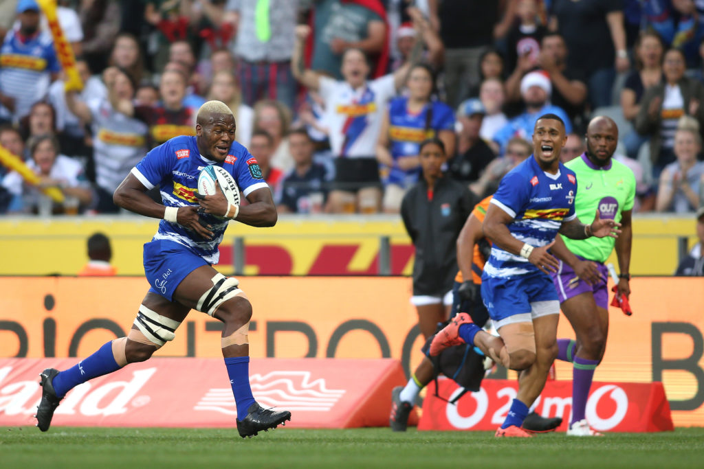 Hacjivah Dayimani of Stormers on the attack during the United Rugby Championship 2022/23 match between Stormers and Bulls held at Cape Town Stadium in Cape Town, South Africa on 23 December 2022