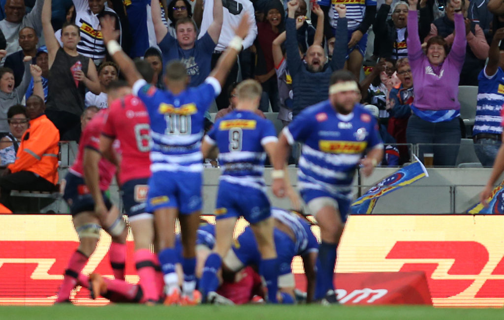 Stormers fans celebrate a try during the United Rugby Championship 2022/23 match between Stormers and Bulls held at Cape Town Stadium in Cape Town, South Africa on 23 December 2022