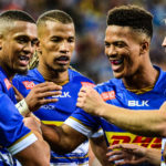 CAPE TOWN, SOUTH AFRICA - DECEMBER 17: Leolin Zas of DHL Stormers celebrates scoring a try with teammates during the Heineken Champions Cup match between DHL Stormers and London Irish at DHL Cape Town Stadium on December 17, 2022 in Cape Town, South Africa. (Photo by Grant Pitcher/Gallo Images).
