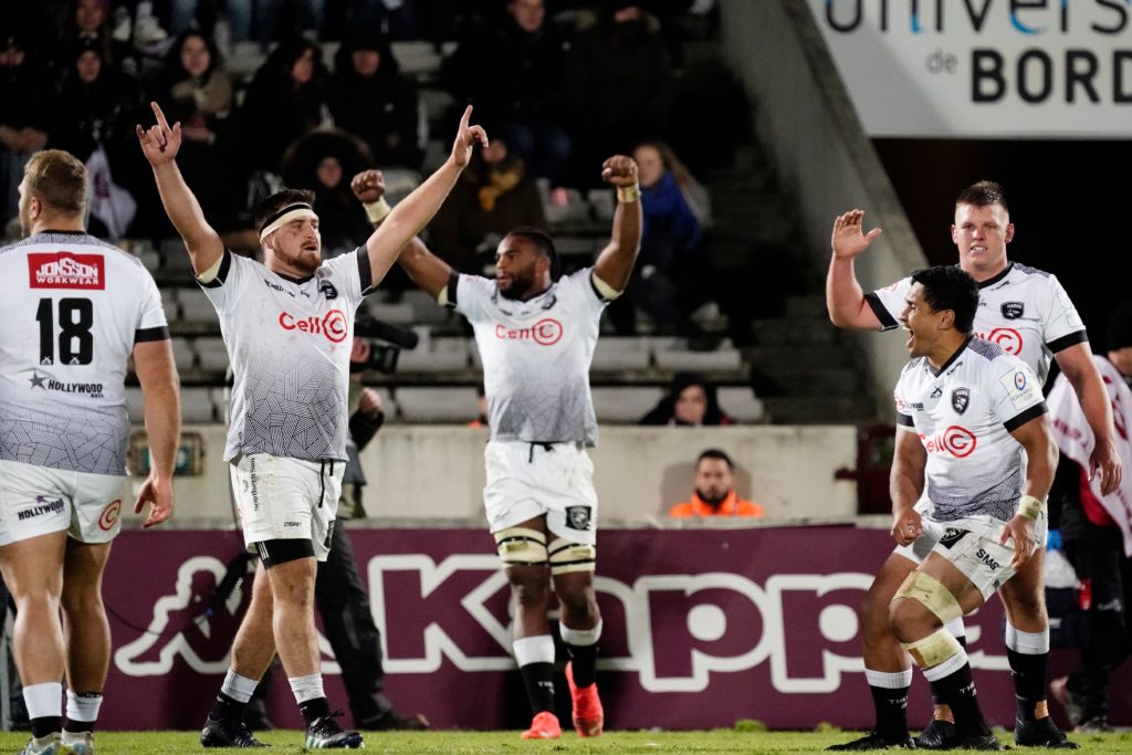 Bordeaux-Begles vs Cell C Sharks. Cell C Sharks players celebrate winning at the final whistle Heineken Champions Cup Round 2 Pool A, Stade Chaban-Delmas, Bordeaux, France - 16 Dec 2022