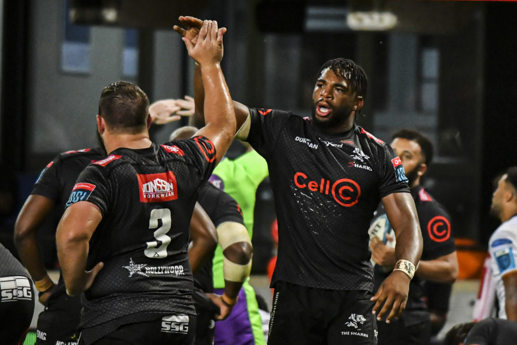 DURBAN, SOUTH AFRICA - DECEMBER 02: Vincent Tshituka of the Cell C Sharks during the United Rugby Championship match between Cell C Sharks and Ospreys at Hollywoodbets Kings Park on December 02, 2022 in Durban, South Africa.