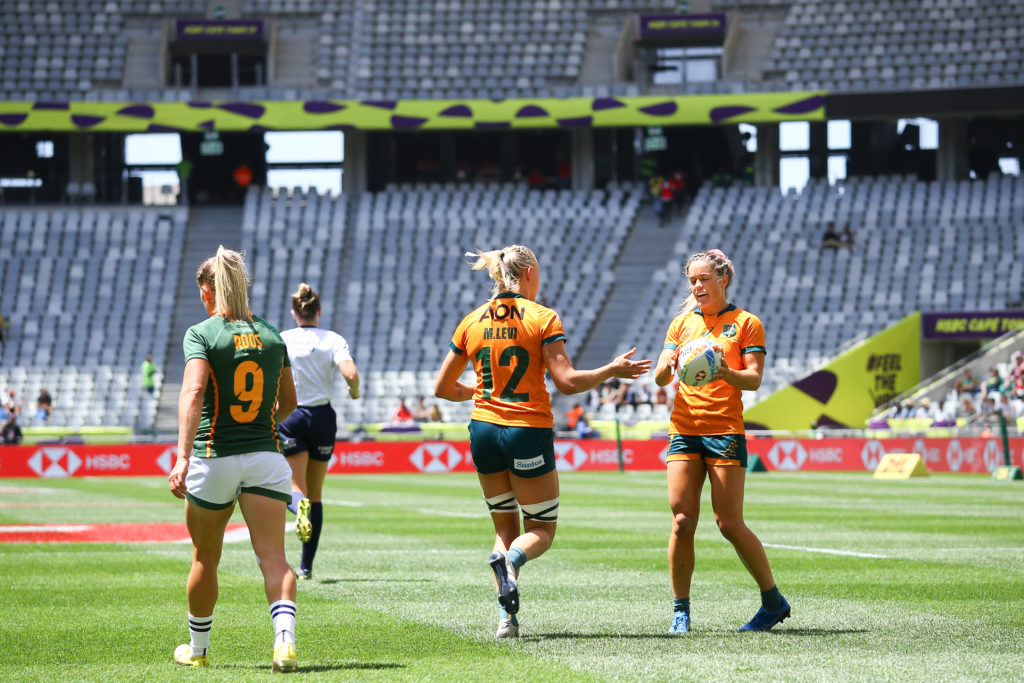 CAPE TOWN, SOUTH AFRICA - DECEMBER 09: Demi Hayes of Australia celebrate scoring a try during the match between South Africa Women 7s and Australia Women 7s on day 1 of the HSBC Cape Town Sevens at DHL Stadium on December 09, 2022 in Cape Town, South Africa.