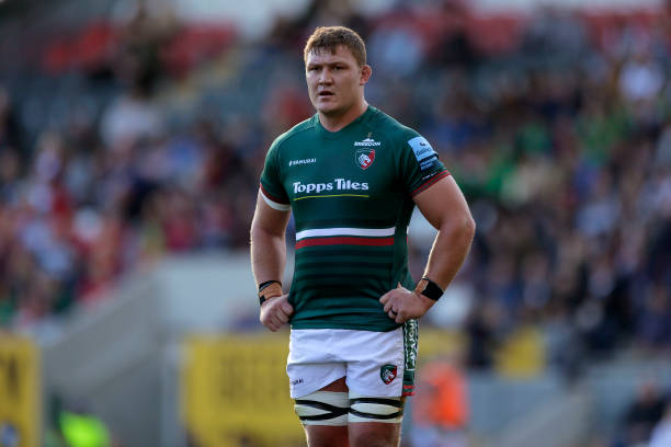 LEICESTER, ENGLAND - OCTOBER 08: Jasper Wiese of Leicester Tigers looks on during the Gallagher Premiership Rugby match between Leicester Tigers and Sale Sharks at Mattioli Woods Welford Road Stadium on October 08, 2022 in Leicester, England.