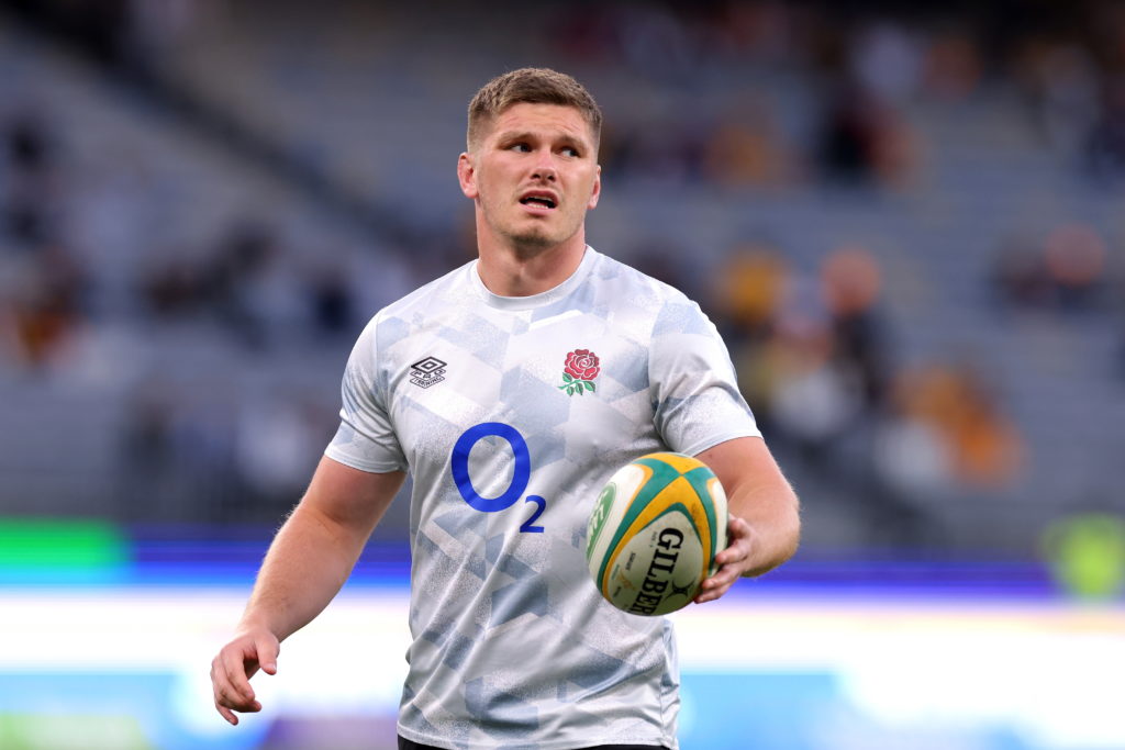 epa10047266 Owen Farrell of England warms up during the first Test match of the International Rugby Test series between Australia and England at Optus Stadium in Perth, Australia, 02 July 2022.