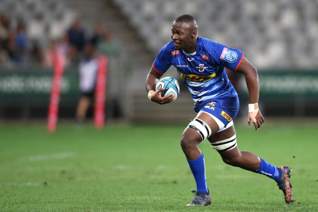 Junior Pokomela of Stormers on the attack during the United Rugby Championship 2021/22 match between Stormers and Glasgow Warriors held at Cape Town Stadium in Cape Town on 22 April 2022