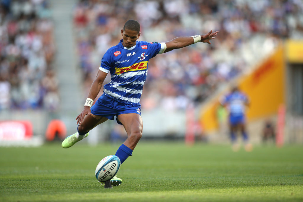 Manie Libbok of Stormers kicks a conversion during the United Rugby Championship 2022/23 match between Stormers and Lions held at Cape Town Stadium in Cape Town, South Africa on 31 December 2022
