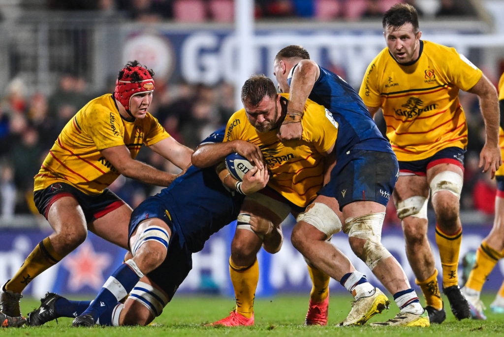 Belfast , United Kingdom - 21 January 2023; Duane Vermeulen of Ulster is tackled by Jono Ross, left, and Jean-Luc du Preez of Sale Sharks during the Heineken Champions Cup Pool B Round 4 match between Ulster and Sale Sharks at Kingspan Stadium in Belfast.
