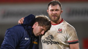 Belfast , United Kingdom - 27 January 2023; Evan Roos of DHL Stormers and Duane Vermeulen of Ulster after the United Rugby Championship match between Ulster and DHL Stormers at Kingspan Stadium in Belfast.