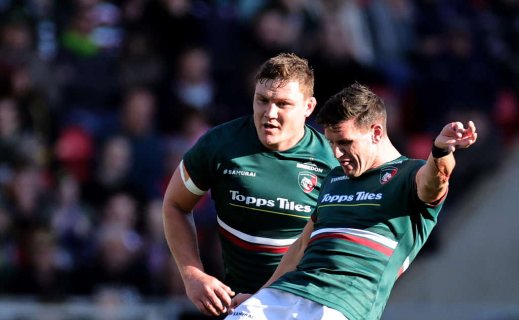 LEICESTER, ENGLAND - OCTOBER 08: Freddie Burns of Leicester Tigers kicks the ball upfield during the Gallagher Premiership Rugby match between Leicester Tigers and Sale Sharks at Mattioli Woods Welford Road Stadium on October 08, 2022 in Leicester, England.