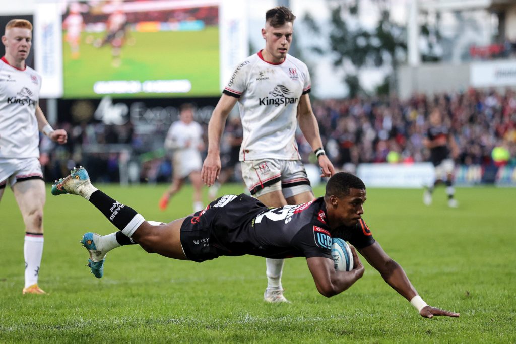 (12948731cj) Ulster vs Cell C Sharks. Cell C Sharks' Grant Williams scores a try United Rugby Championship, Kingspan Stadium, Belfast - 20 May 2022