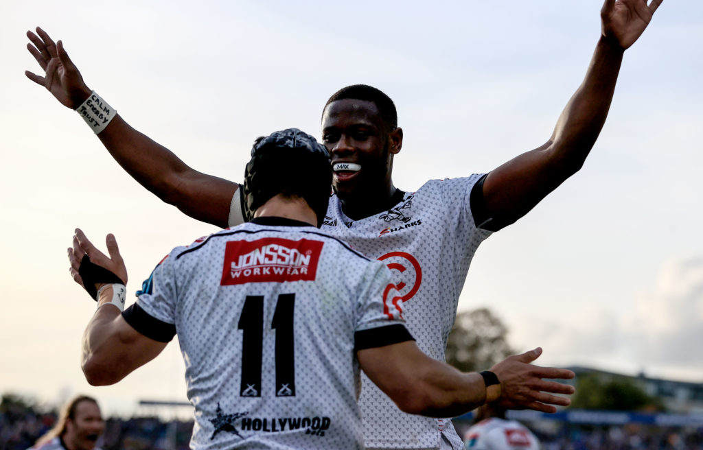 (13448908aq) Leinster vs Cell C Sharks . Cell C Sharks' Thaakir Abrahams and Cell C Sharks' Aphelele Fassi BKT United Rugby Championship, RDS, Dublin - 08 Oct 2022